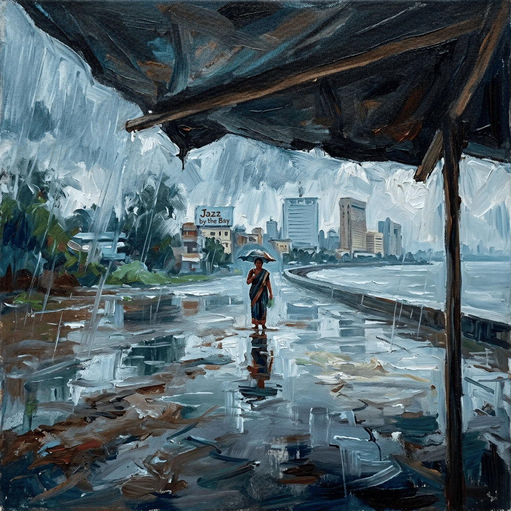 Person with umbrella on rainy waterfront; sign reads “Jazz by the Bay”