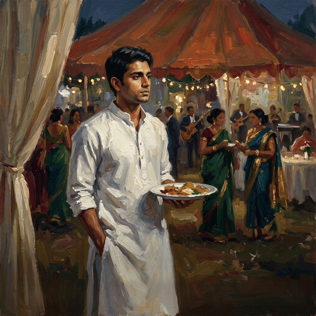 Painting titled “POEMS & NARRATIVES: THE CATERER’S BOY & THE SHAMANA’S EDGE” showing a young man serving food at a festive gathering