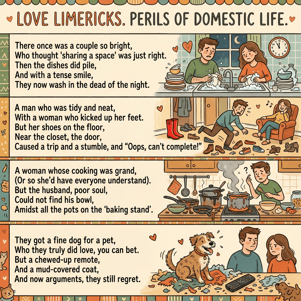 LOVE LIMERICKS. PERILS OF DOMESTIC LIFE. There once was a couple so bright, Who thought 'sharing a space' was just right. Then the dishes did pile, And with a tense smile, They now wash in the dead of night. A man who was tidy and neat, With a woman who kicked up her feet. Put her shoes on the floor, Near the closet, the door, Caused a trip and a stumble, and “Oops, can’t complete!” A woman whose cooking was grand, (Or so she’d have everyone understand). But the husband, poor soul, Could not find his bowl, Amidst all the pots on the ‘baking stand’. They got a fine dog for a pet, Who they truly did love, you can bet. But a chewed-up remote, And a mud-covered coat, And now arguments, they still regret.