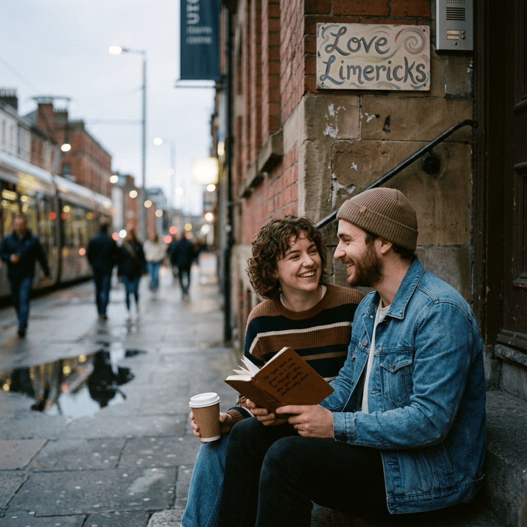 Couple reading a book beside a Love Limericks sign on a rainy street