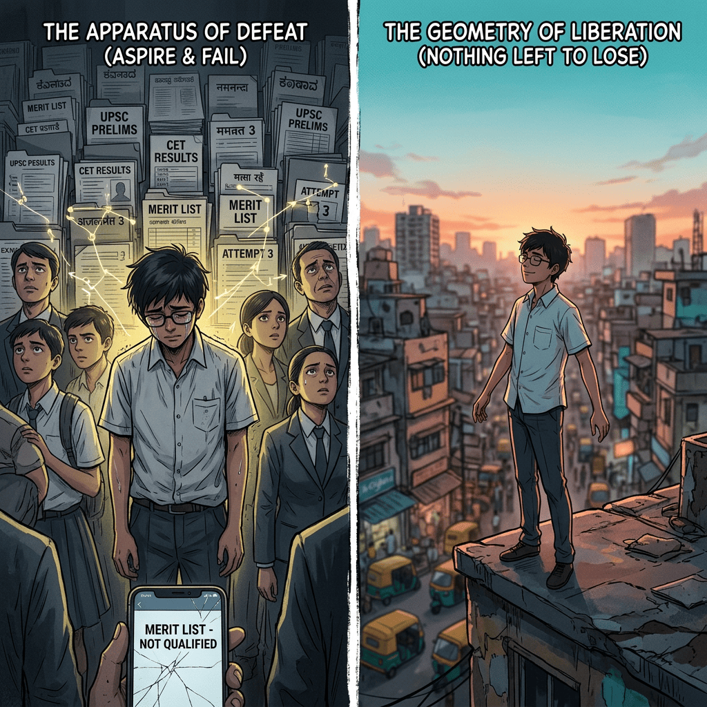 Exam failure panel contrasts with liberation panel; phone reads “MERIT LIST - NOT QUALIFIED.”
